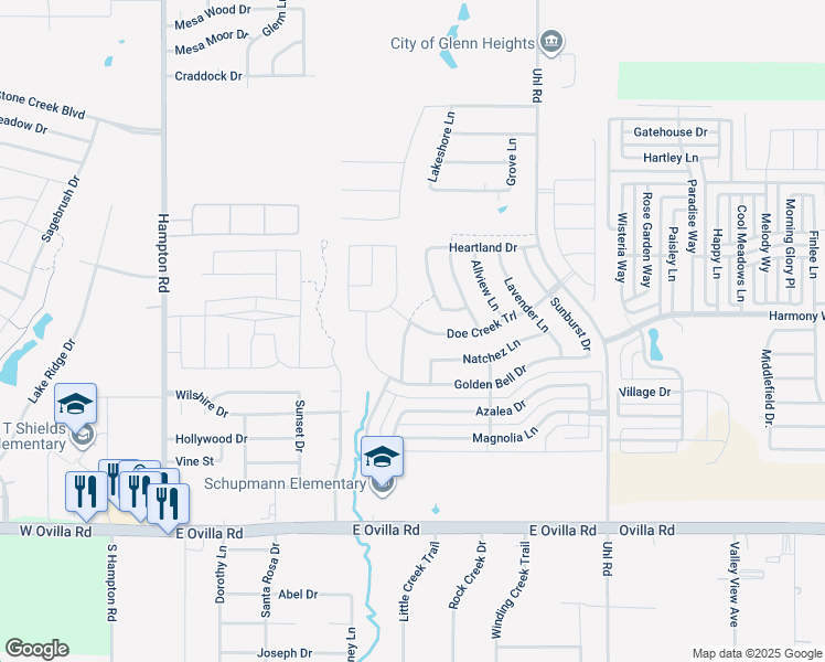 map of restaurants, bars, coffee shops, grocery stores, and more near 500 Golden Bell Drive in Glenn Heights