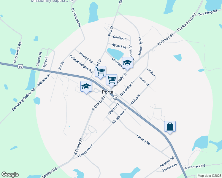 map of restaurants, bars, coffee shops, grocery stores, and more near North Grady Street in Portal
