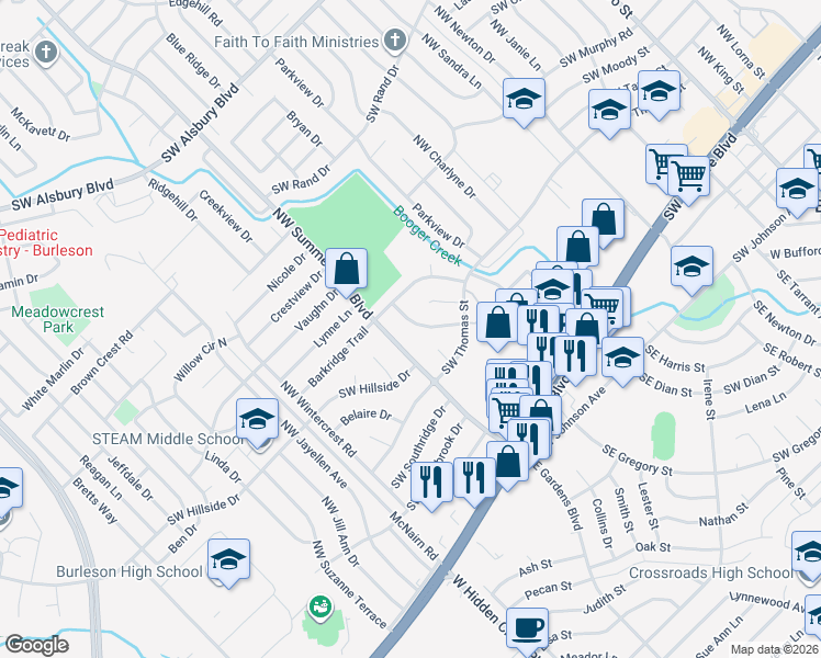 map of restaurants, bars, coffee shops, grocery stores, and more near 341 Northwest Summercrest Boulevard in Burleson