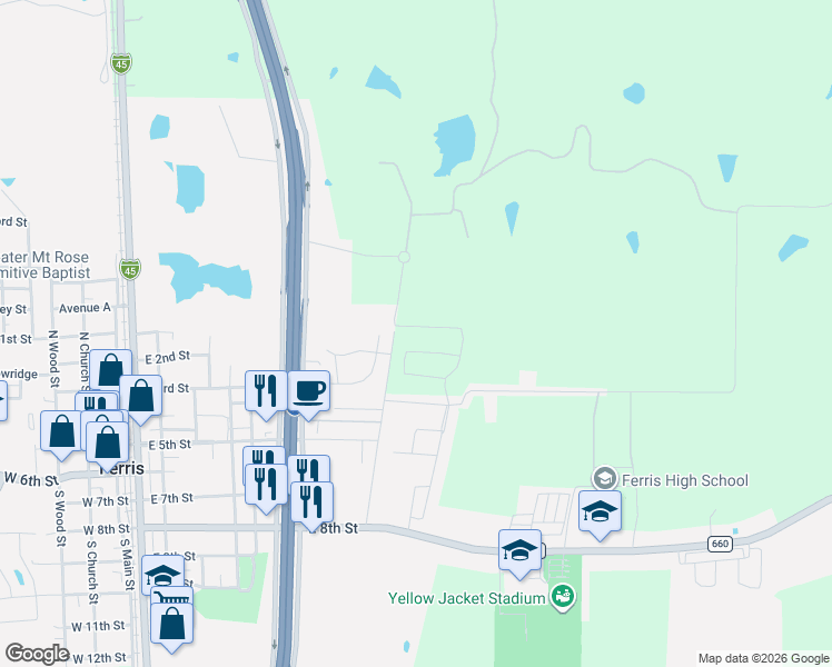 map of restaurants, bars, coffee shops, grocery stores, and more near 412 Redbud Street in Ferris