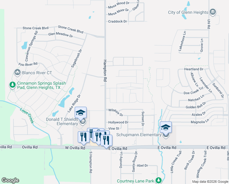 map of restaurants, bars, coffee shops, grocery stores, and more near 2610 Centurion Road in Glenn Heights