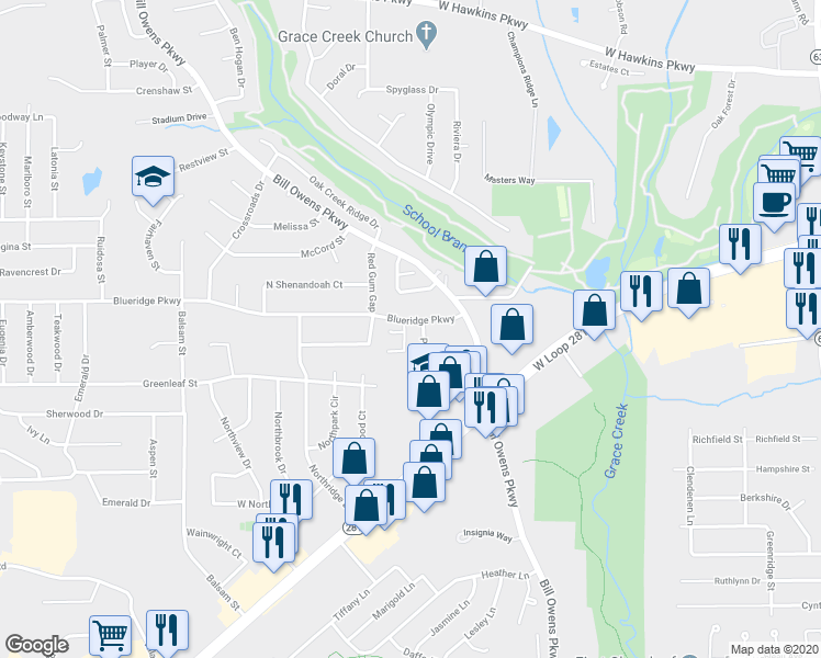 map of restaurants, bars, coffee shops, grocery stores, and more near 2730 Timberwood Trail in Longview
