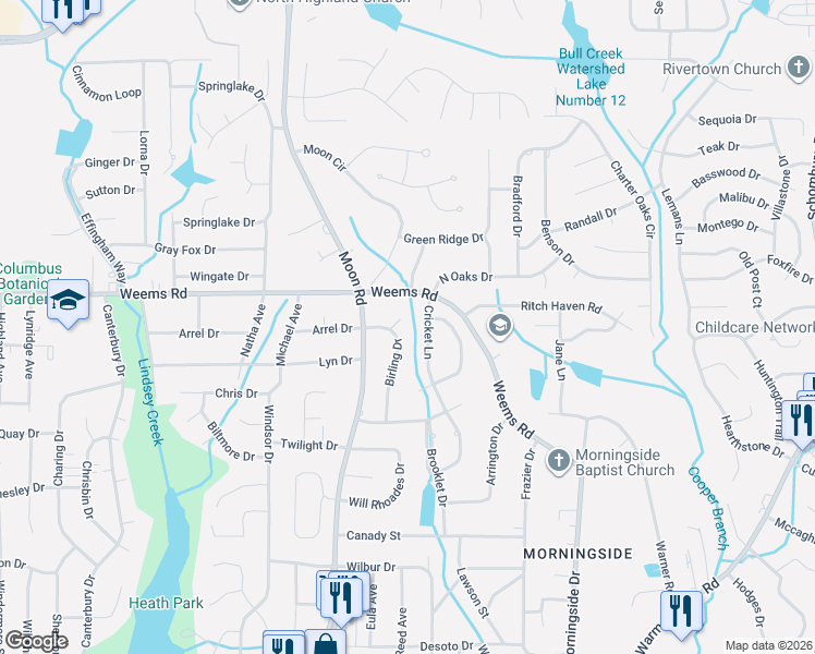 map of restaurants, bars, coffee shops, grocery stores, and more near 6348 Birling Drive in Columbus