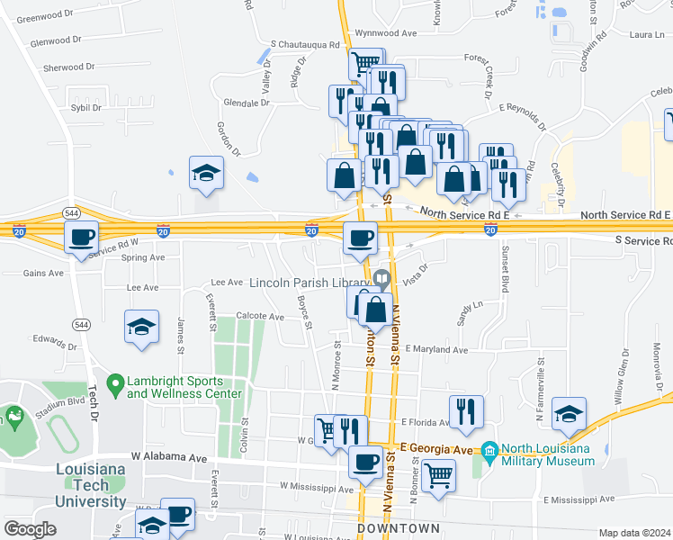 map of restaurants, bars, coffee shops, grocery stores, and more near 916-920 Coushatta Street in Ruston