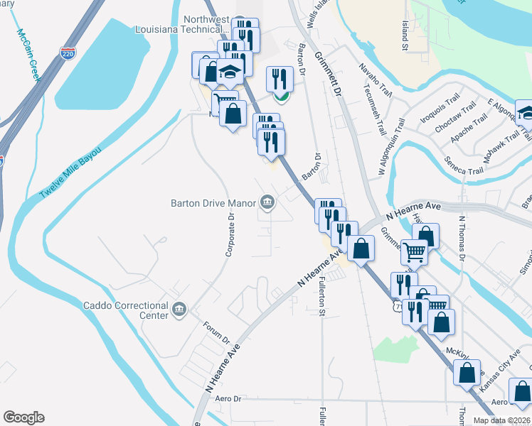 map of restaurants, bars, coffee shops, grocery stores, and more near 1625 Barton Drive in Shreveport