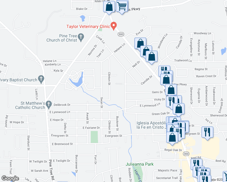 map of restaurants, bars, coffee shops, grocery stores, and more near 2912 Clinton Street in Longview