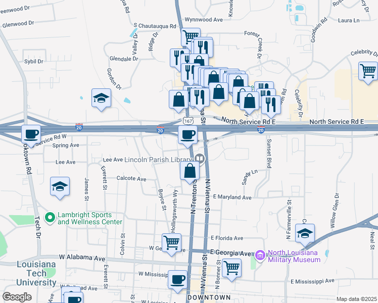 map of restaurants, bars, coffee shops, grocery stores, and more near 920 Coushatta St in Ruston