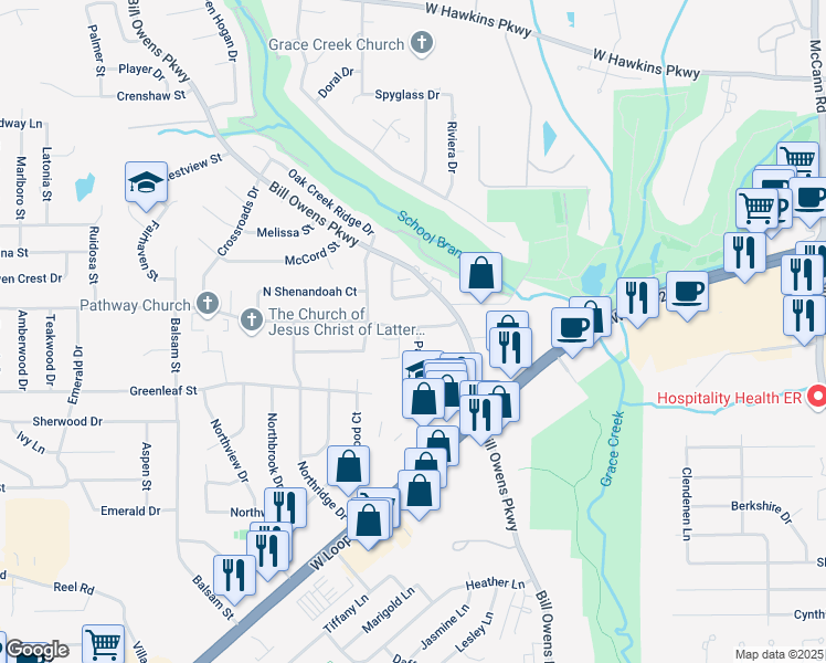 map of restaurants, bars, coffee shops, grocery stores, and more near 2725 Patio Street in Longview