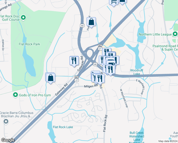 map of restaurants, bars, coffee shops, grocery stores, and more near 6908 Bullet Boulevard in Columbus