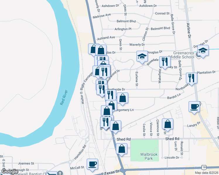 map of restaurants, bars, coffee shops, grocery stores, and more near 2324 Northside Drive in Bossier City