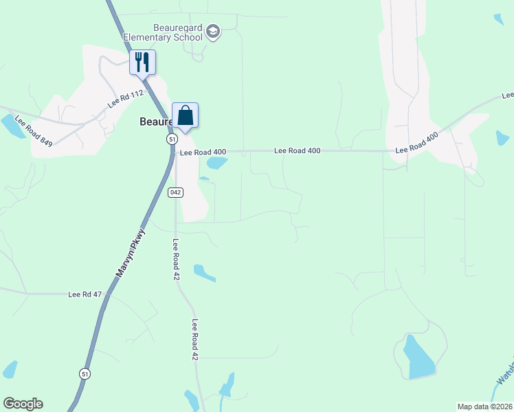 map of restaurants, bars, coffee shops, grocery stores, and more near 372-544 Lee Road 114 in Opelika