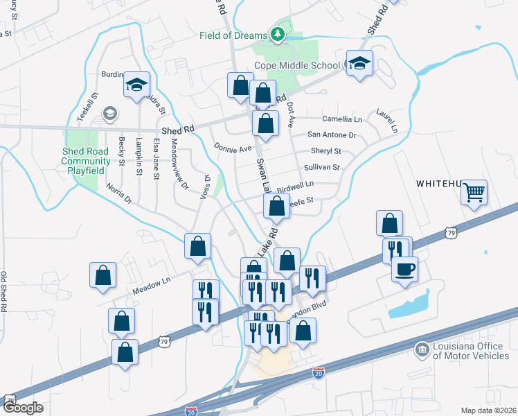 map of restaurants, bars, coffee shops, grocery stores, and more near 1024 Shirley Lane in Bossier City