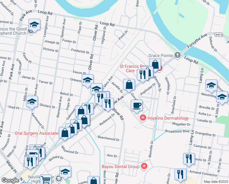 map of restaurants, bars, coffee shops, grocery stores, and more near 2323 Forsythe Avenue in Monroe