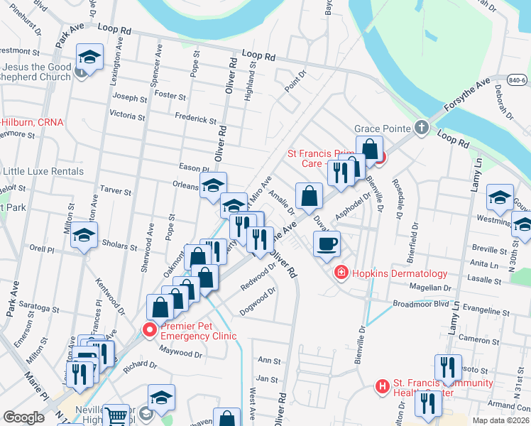 map of restaurants, bars, coffee shops, grocery stores, and more near 2323 Forsythe Avenue in Monroe