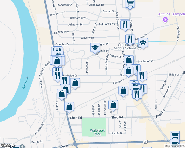 map of restaurants, bars, coffee shops, grocery stores, and more near 2507 Northside Drive in Bossier City