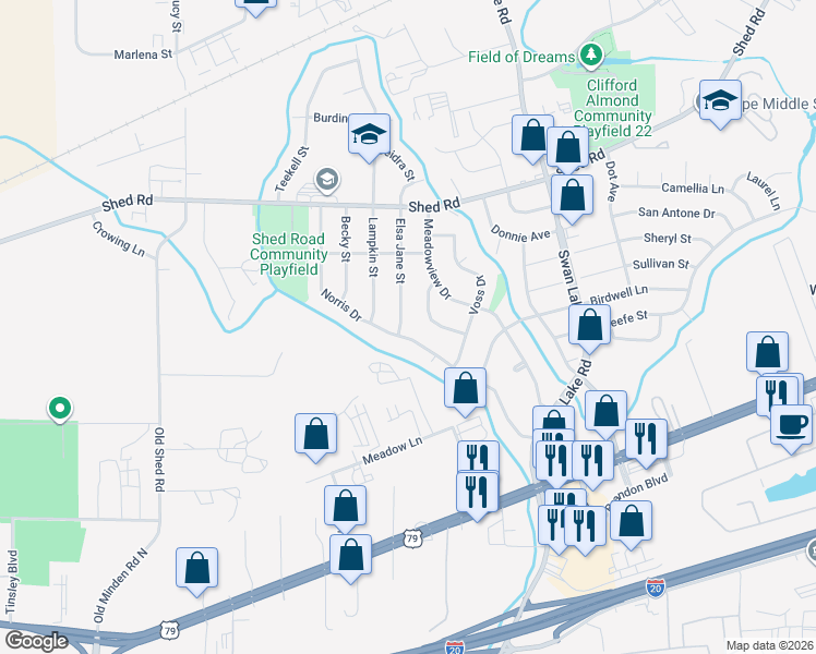 map of restaurants, bars, coffee shops, grocery stores, and more near 1217 Norris Drive in Bossier City