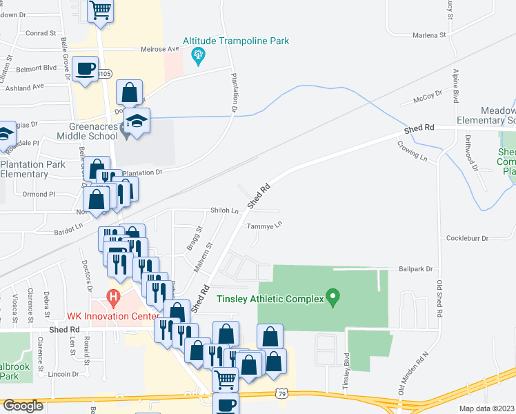 map of restaurants, bars, coffee shops, grocery stores, and more near 3203 Parkland Drive in Bossier City