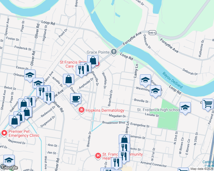 map of restaurants, bars, coffee shops, grocery stores, and more near 2405 Rosedale Drive in Monroe