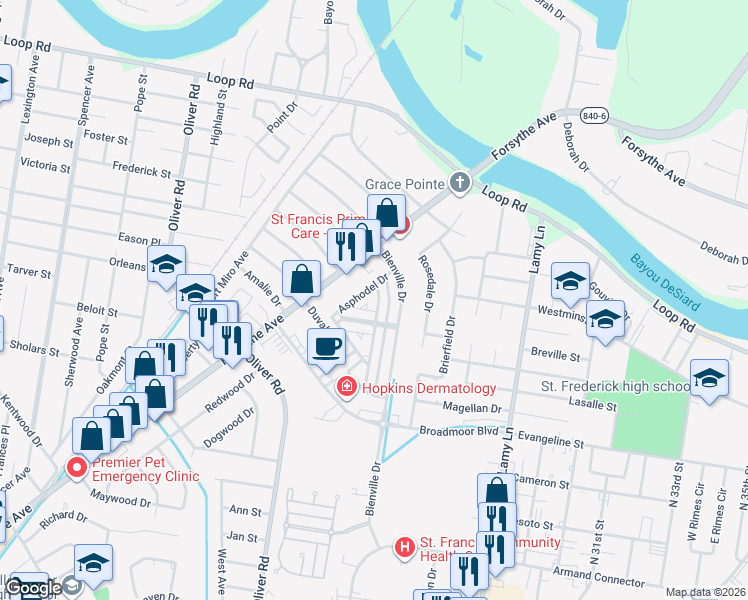 map of restaurants, bars, coffee shops, grocery stores, and more near 2100 Rosedown Drive in Monroe