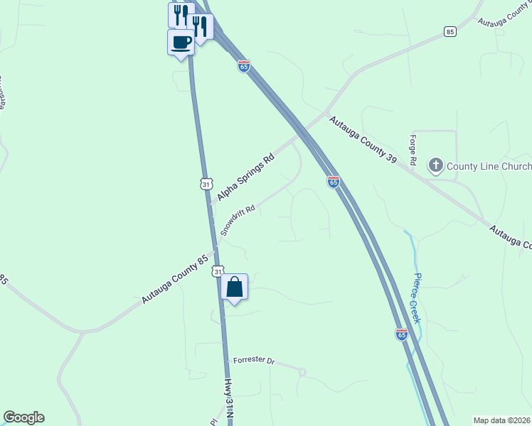 map of restaurants, bars, coffee shops, grocery stores, and more near 122 Snowdrift Road in Deatsville