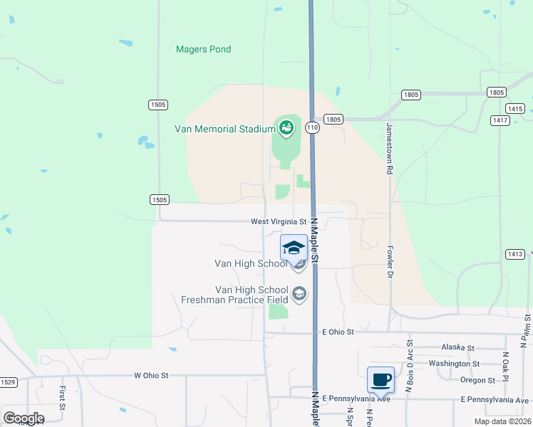 map of restaurants, bars, coffee shops, grocery stores, and more near 259 West Virginia Street in Van