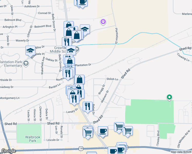 map of restaurants, bars, coffee shops, grocery stores, and more near 3013 Shiloh Lane in Bossier City