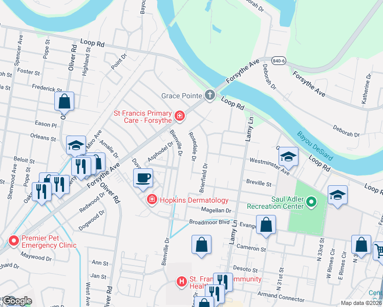 map of restaurants, bars, coffee shops, grocery stores, and more near 2603 Rosedale Dr in Monroe