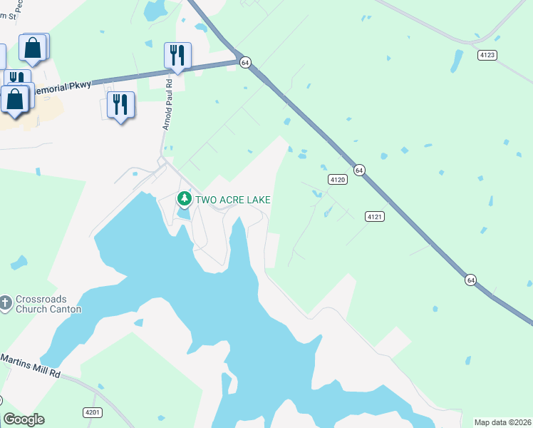 map of restaurants, bars, coffee shops, grocery stores, and more near Arnold Paul Road in Canton