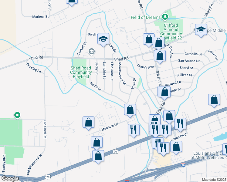 map of restaurants, bars, coffee shops, grocery stores, and more near 1204 Elsa Jane Street in Bossier City