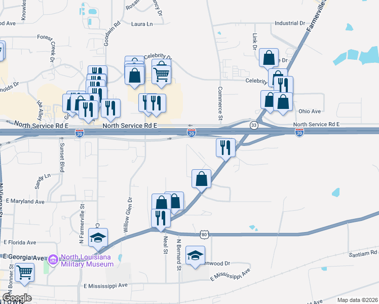 map of restaurants, bars, coffee shops, grocery stores, and more near 1101-1221 Fairfield Drive in Ruston