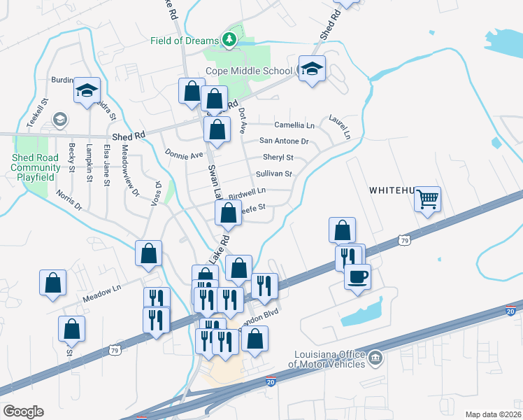 map of restaurants, bars, coffee shops, grocery stores, and more near 4722 Okeefe Street in Bossier City