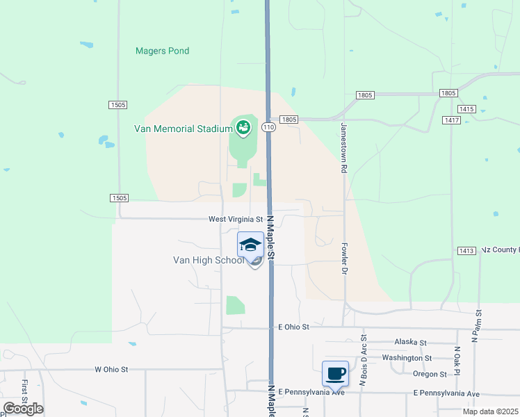 map of restaurants, bars, coffee shops, grocery stores, and more near 12135-12139 North Maple Street in Van