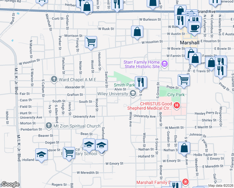 map of restaurants, bars, coffee shops, grocery stores, and more near 1005 Alvin Street in Marshall
