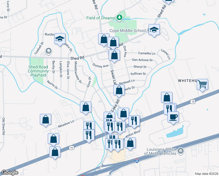 map of restaurants, bars, coffee shops, grocery stores, and more near 4611 Birdwell Lane in Bossier City
