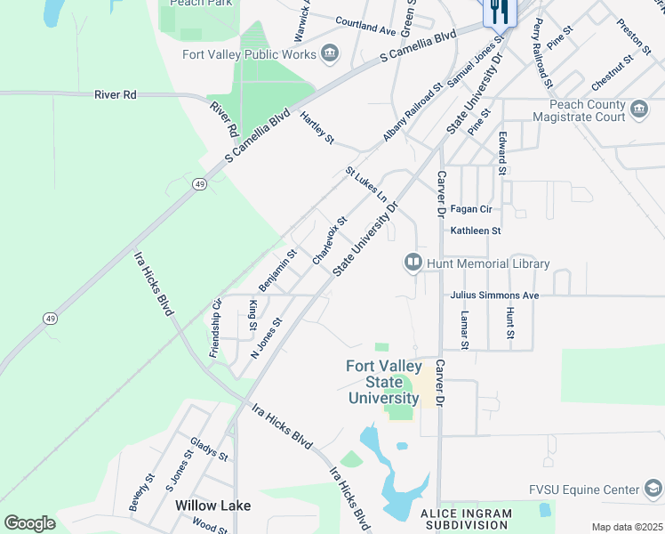 map of restaurants, bars, coffee shops, grocery stores, and more near 1104 State University Drive in Fort Valley