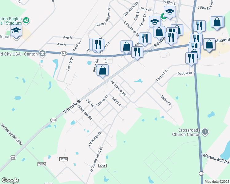 map of restaurants, bars, coffee shops, grocery stores, and more near 1521 Stacey Street in Canton