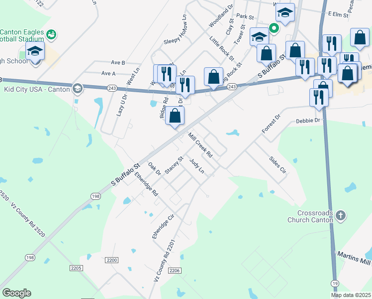 map of restaurants, bars, coffee shops, grocery stores, and more near 1521 Stacey Street in Canton