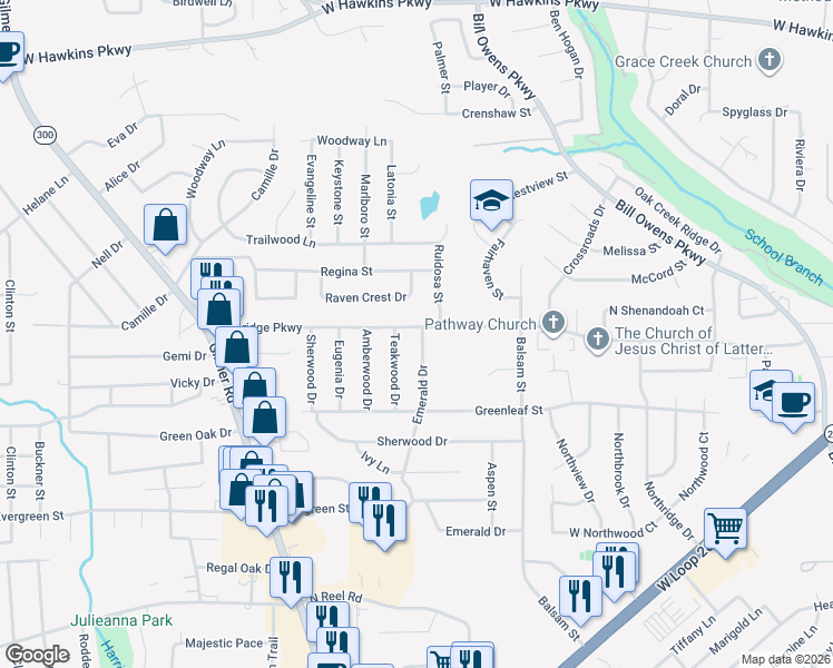 map of restaurants, bars, coffee shops, grocery stores, and more near 1205 Blueridge Parkway in Longview
