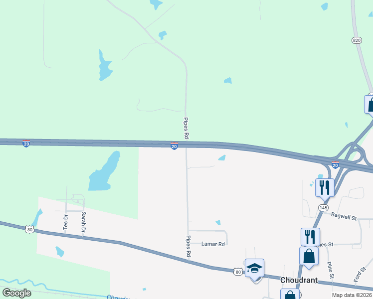 map of restaurants, bars, coffee shops, grocery stores, and more near 145 Pipes Road in Choudrant