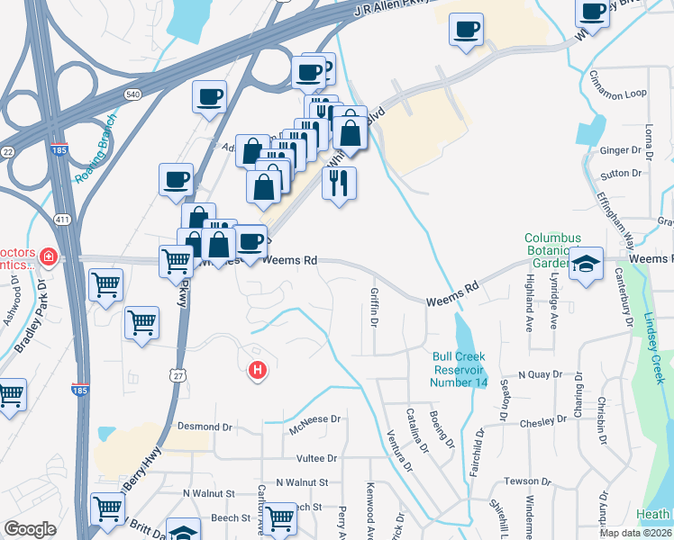 map of restaurants, bars, coffee shops, grocery stores, and more near 6454 Adams Park Drive in Columbus
