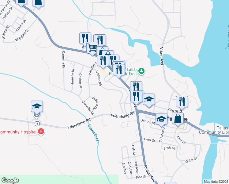 map of restaurants, bars, coffee shops, grocery stores, and more near 818 Godwin Road in Tallassee