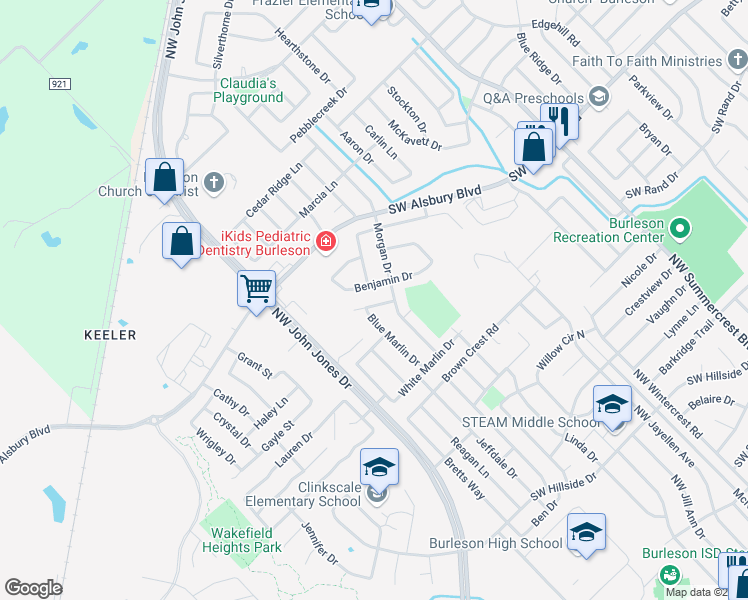 map of restaurants, bars, coffee shops, grocery stores, and more near 962 Redfish Drive in Burleson