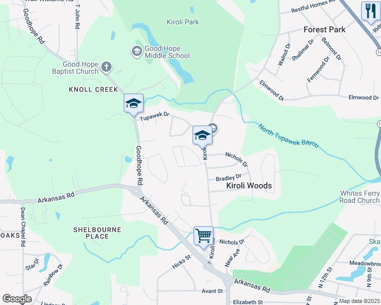 map of restaurants, bars, coffee shops, grocery stores, and more near 210 Ponderosa Trail in West Monroe