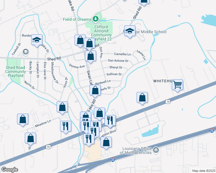 map of restaurants, bars, coffee shops, grocery stores, and more near 4723 Okeefe Street in Bossier City