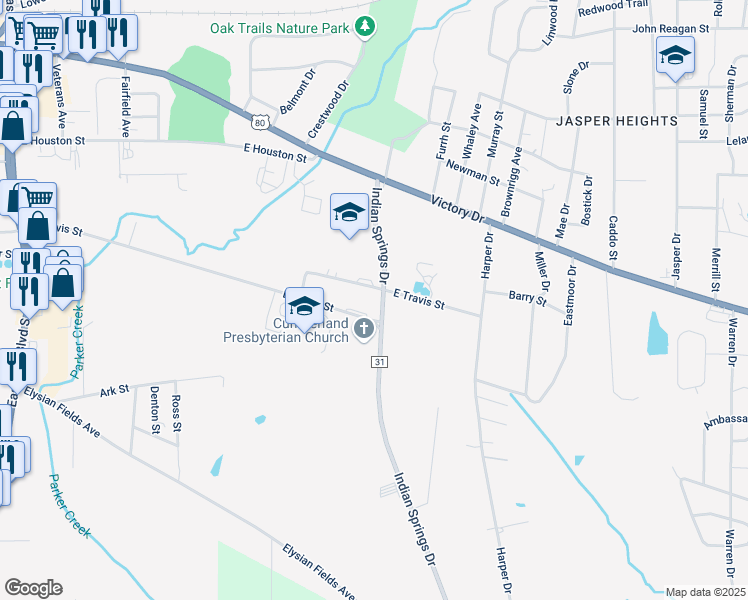 map of restaurants, bars, coffee shops, grocery stores, and more near 2818 East Travis Street in Marshall