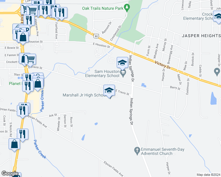 map of restaurants, bars, coffee shops, grocery stores, and more near 2195-2799 E Travis St in Marshall