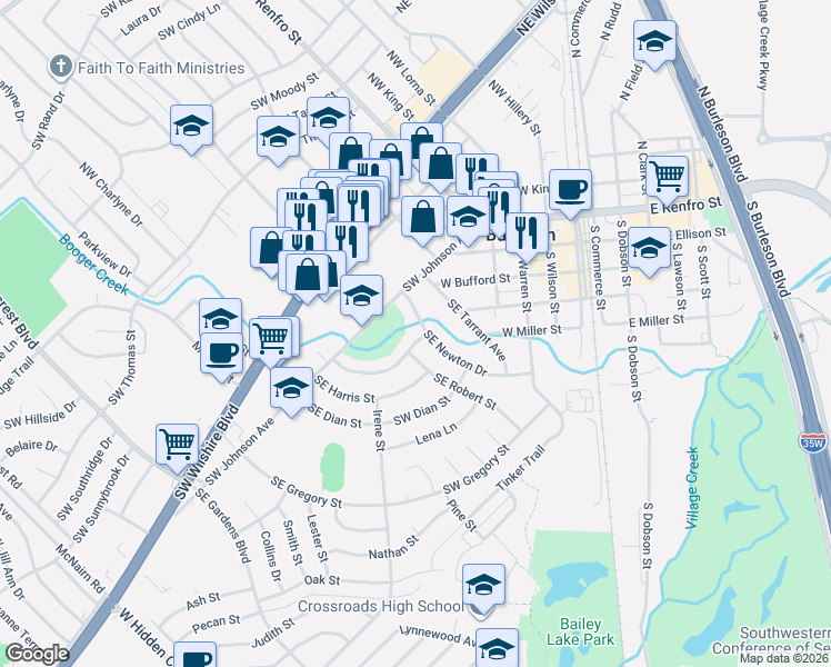 map of restaurants, bars, coffee shops, grocery stores, and more near 112 Southeast Newton Drive in Burleson