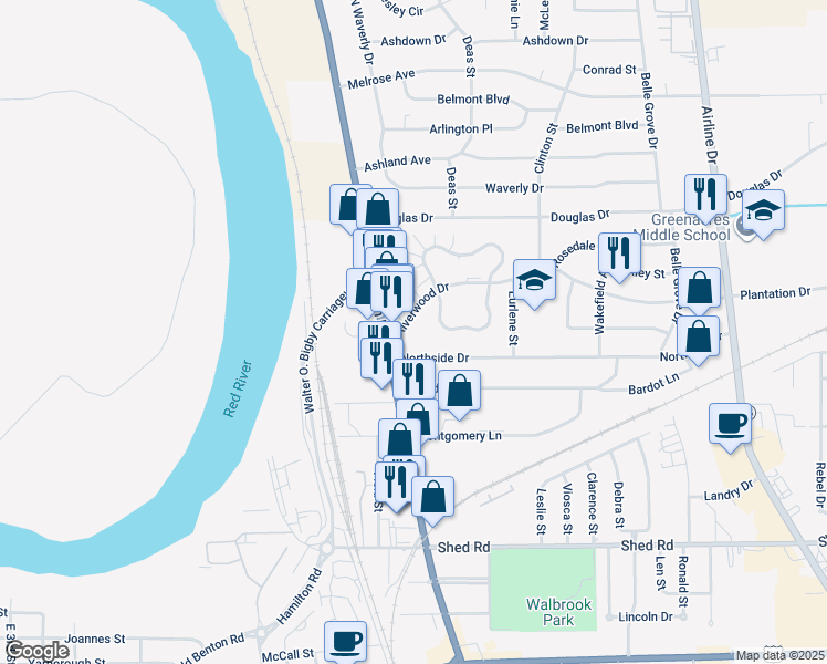 map of restaurants, bars, coffee shops, grocery stores, and more near 2310 Riverwood Drive in Bossier City