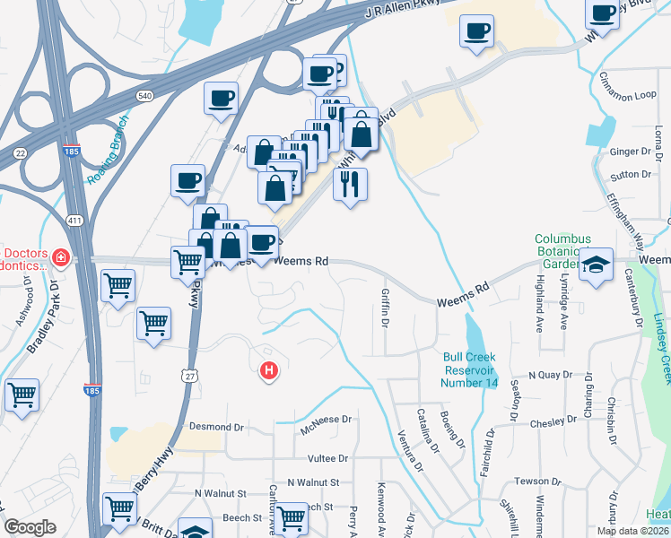 map of restaurants, bars, coffee shops, grocery stores, and more near 6454 Adams Park Drive in Columbus