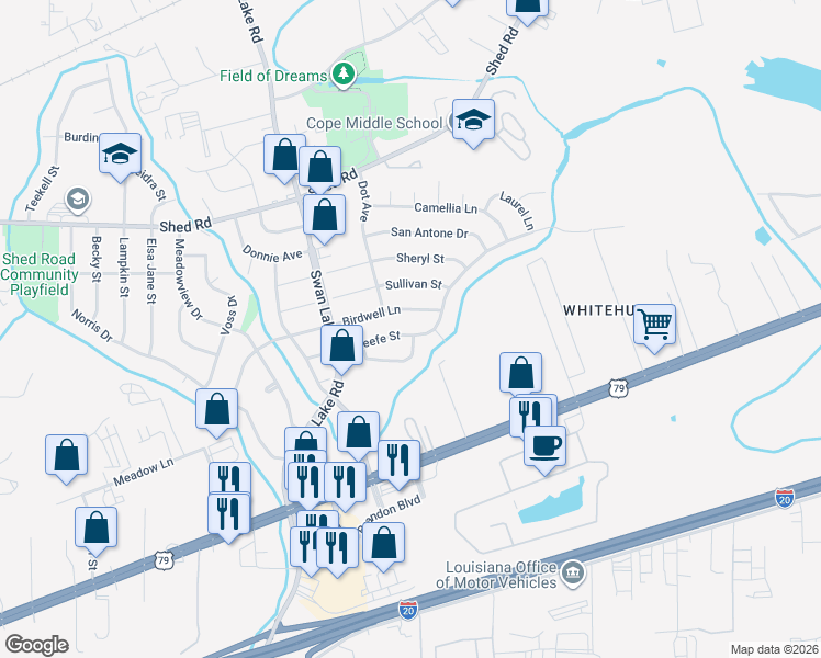 map of restaurants, bars, coffee shops, grocery stores, and more near 4802 Birdwell Lane in Bossier City
